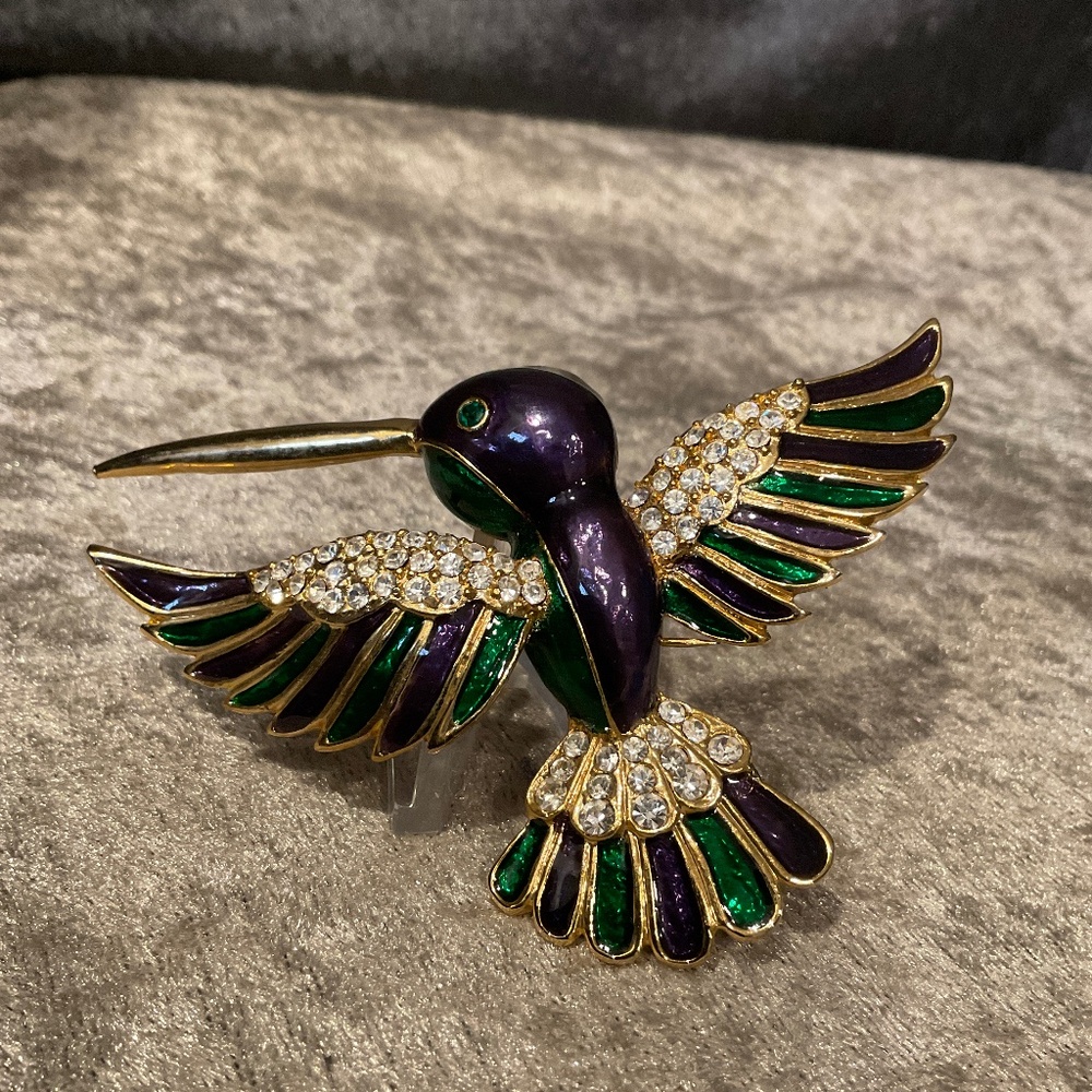 Vintage Large Blue and Green Crystal Hummingbird Brooch